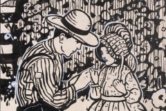 Drawing of man in hat talking to a girl in a bonnet